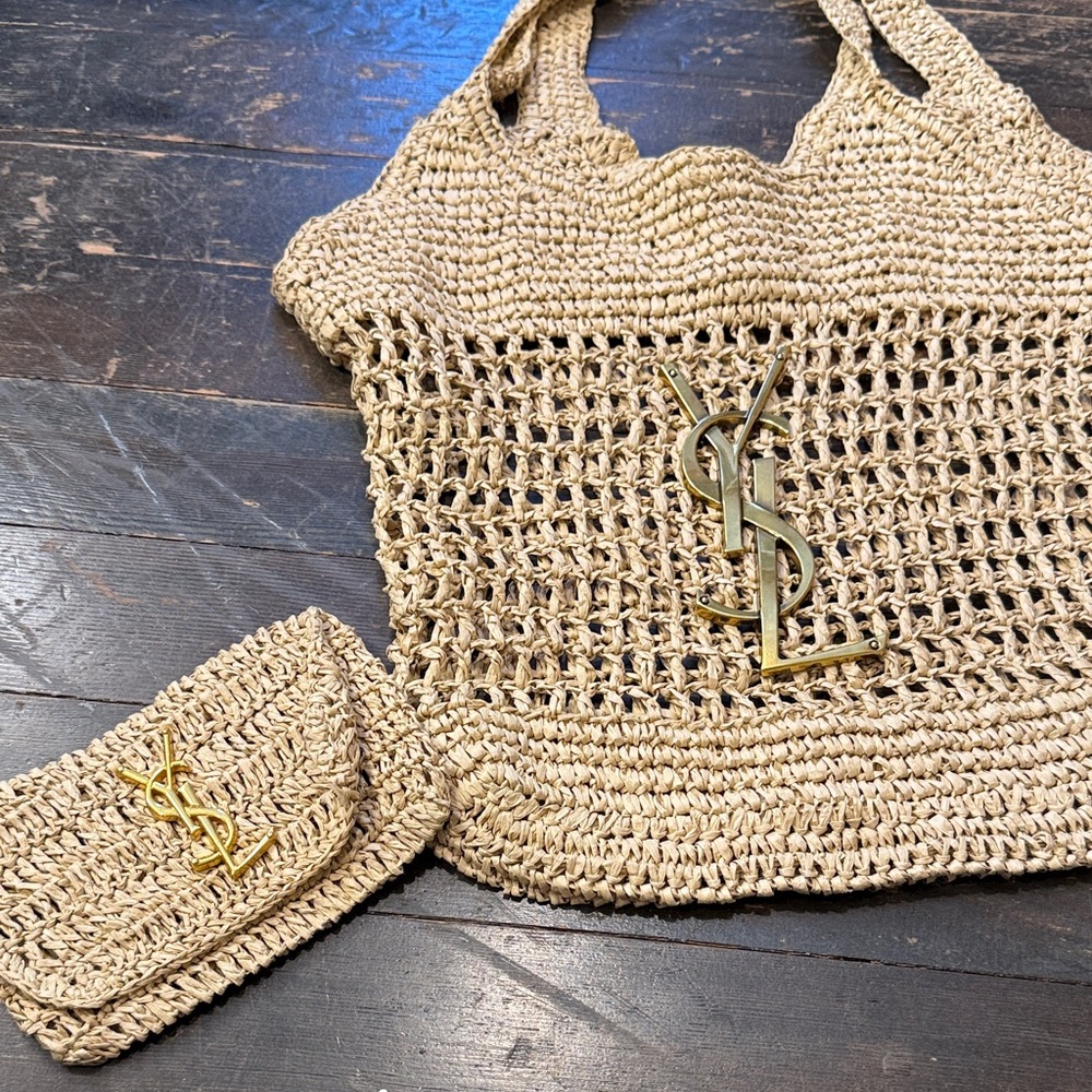 Yves Saint Laurent Tan Crochet Shoulder Bag and Pouch